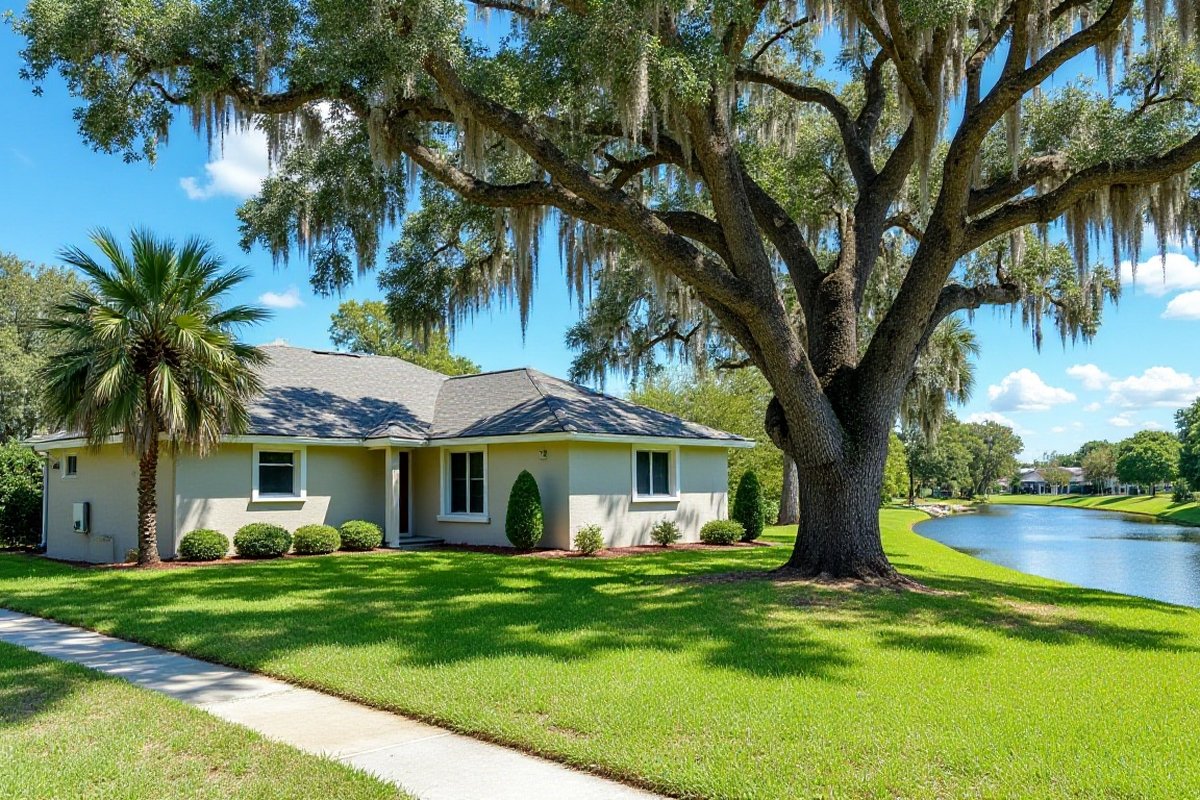 Sunny Orlando front yard with a sabal palm and a spreading live oak beside a one-story home