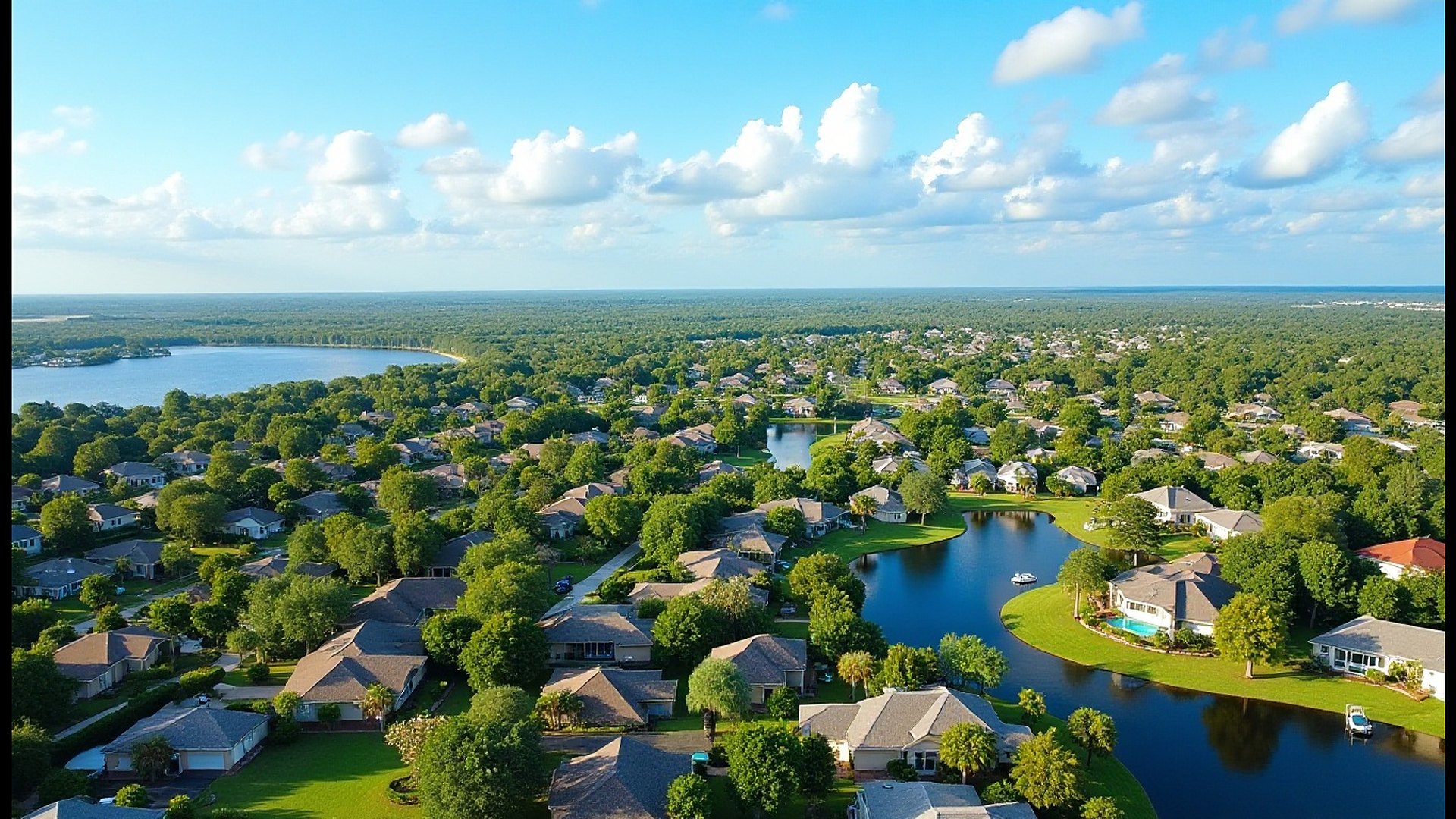 Aerial view of one-story homes under thick green tree canopy around several blue lakes on a clear day