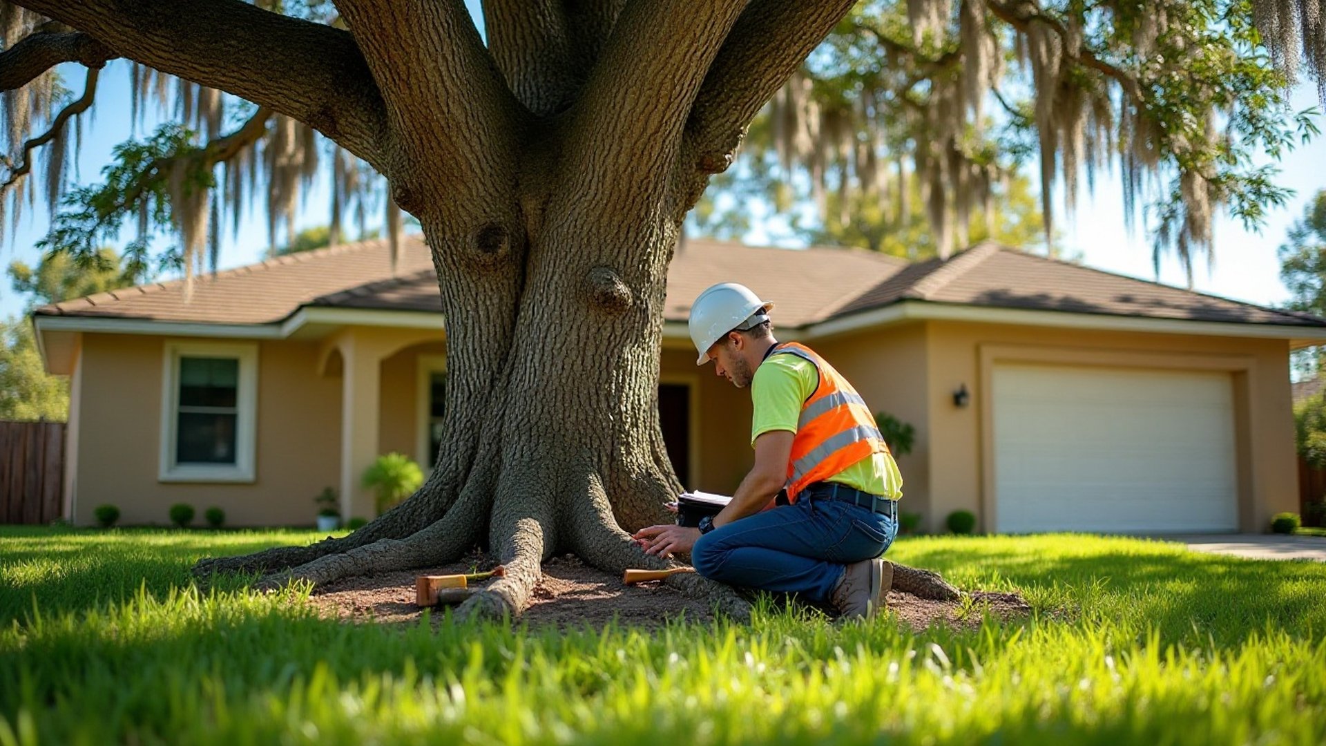 Arborist examining the base and root flare of a large oak beside an Orlando home with a clipboard