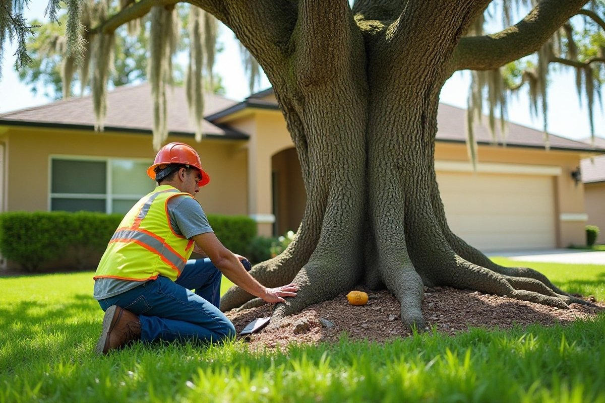 Arborist kneeling at the root flare of a large oak, checking the bark near a sounding mallet