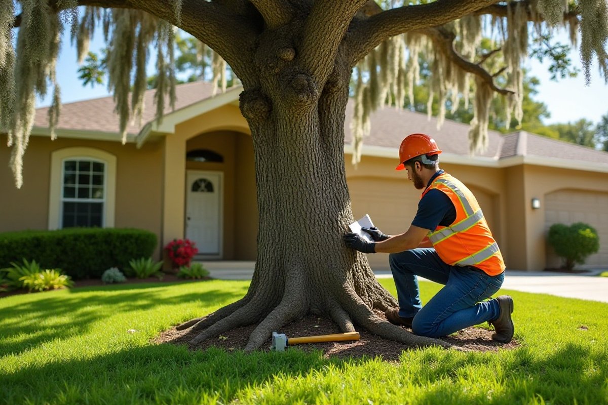 Arborist examining the base of a large oak with a sounding mallet in a sunny Orlando-area yard