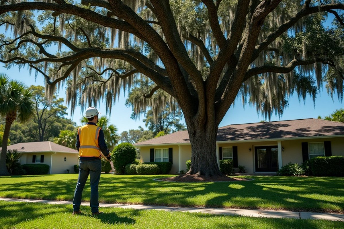Tree worker with his back to the camera looking up into the canopy of a large live oak in a Central Florida front yard