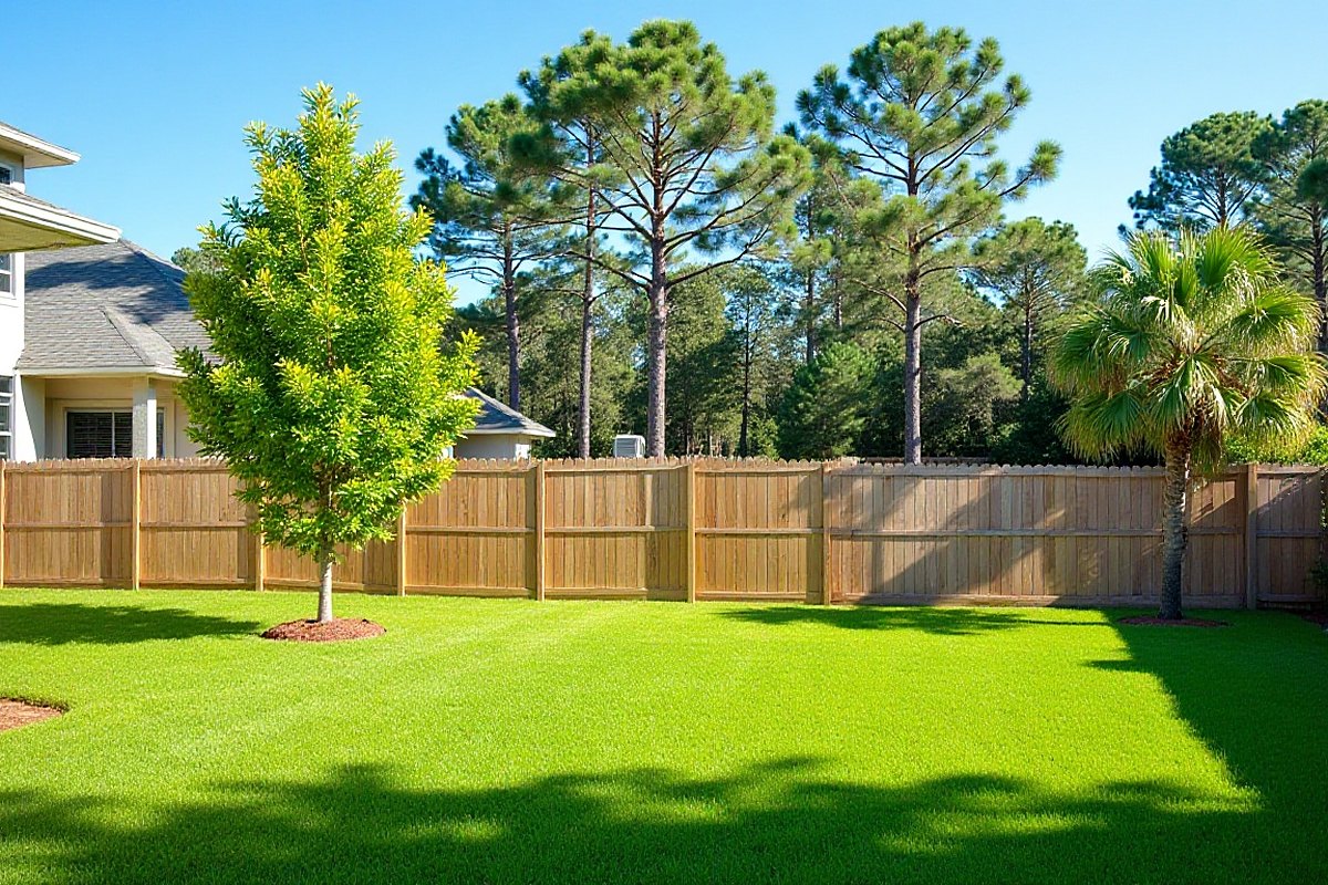 Back yard of a stucco home with a screened porch, a wooden privacy fence and a line of tall pines and a palm beyond it