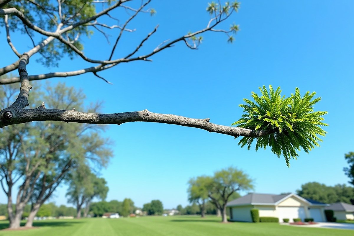 Long tree limb stripped bare along its length with leaves left only in a tuft at the tip, the shape over-thinning leaves behind