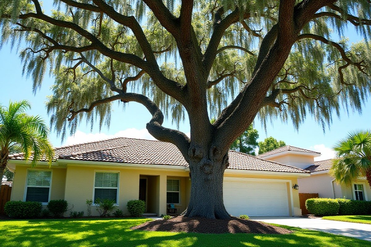 Large live oak with long, heavy limbs spreading over the roof of a one-story Orlando-area home