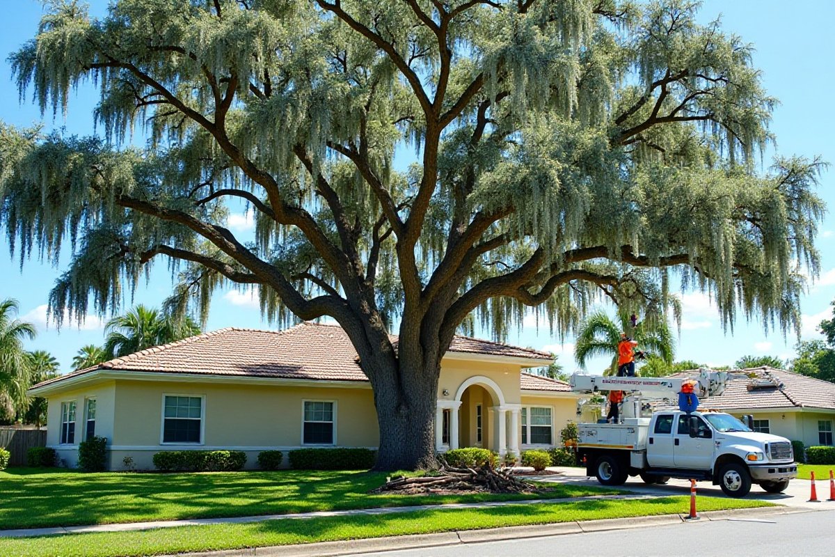 Mature live oak with Spanish moss being pruned from a bucket truck, with cut branches piled on the lawn below