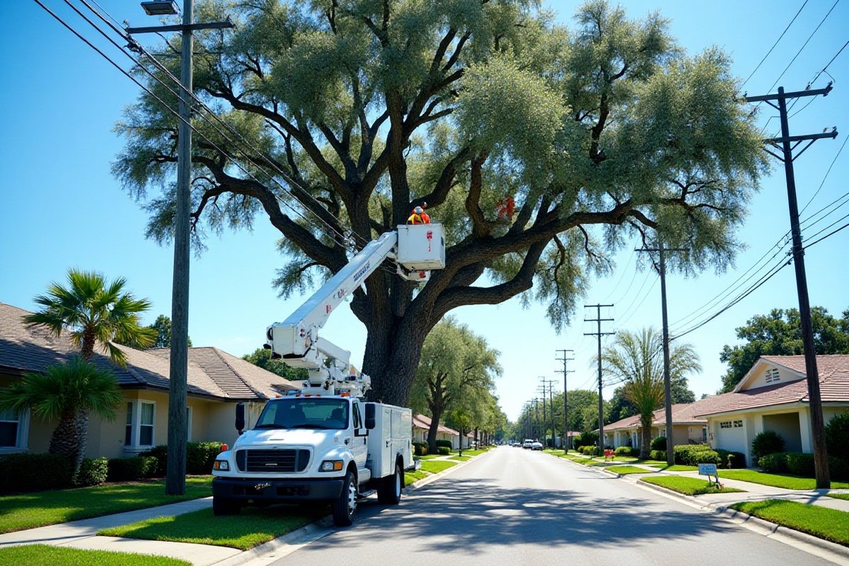 Large oak growing up into overhead power lines along a residential street, with a bucket truck trimming it back