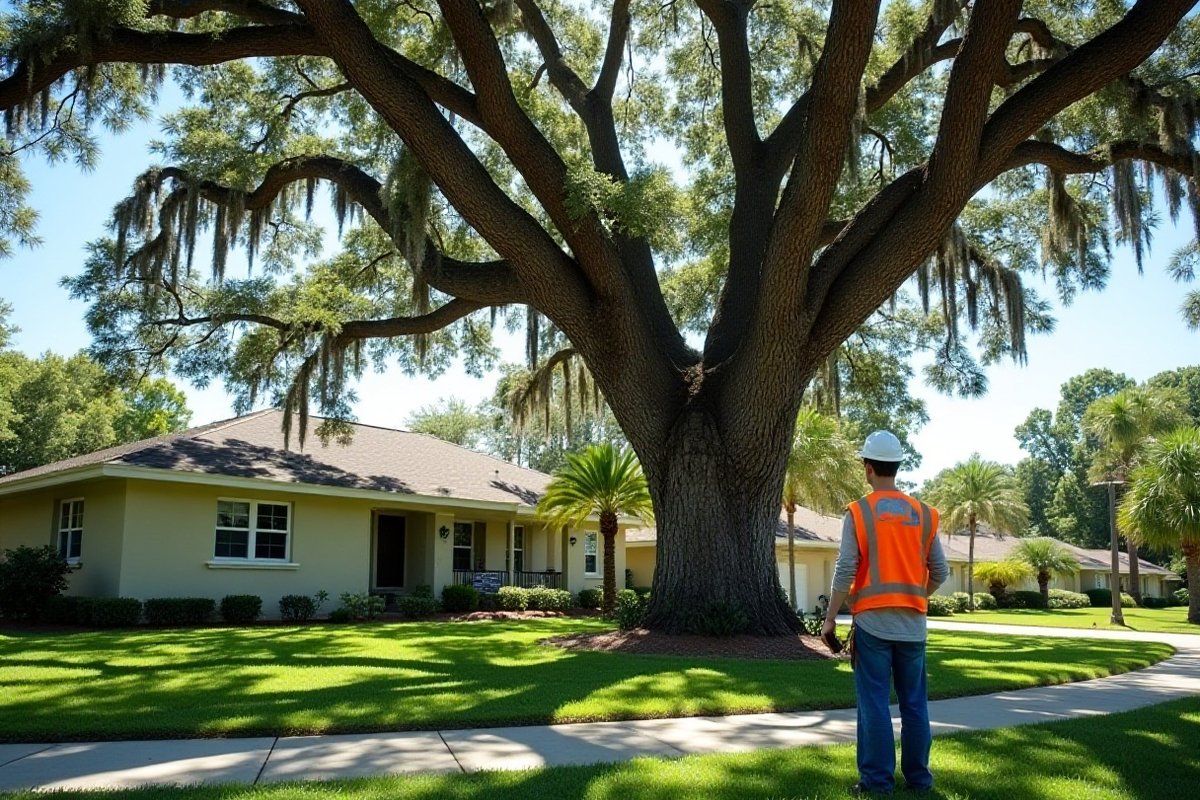 Older one-story home shaded by a very large oak with a wide spreading crown
