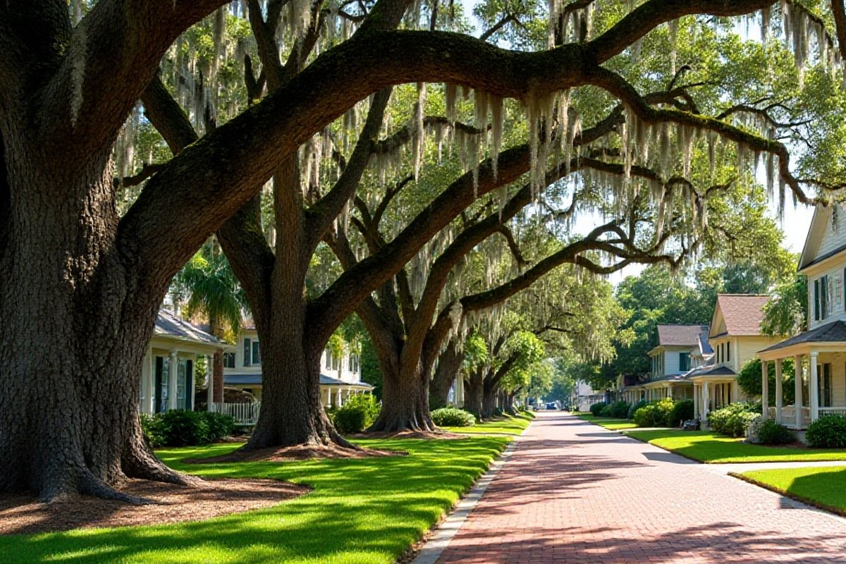 Large oak growing beside a residential street and sidewalk