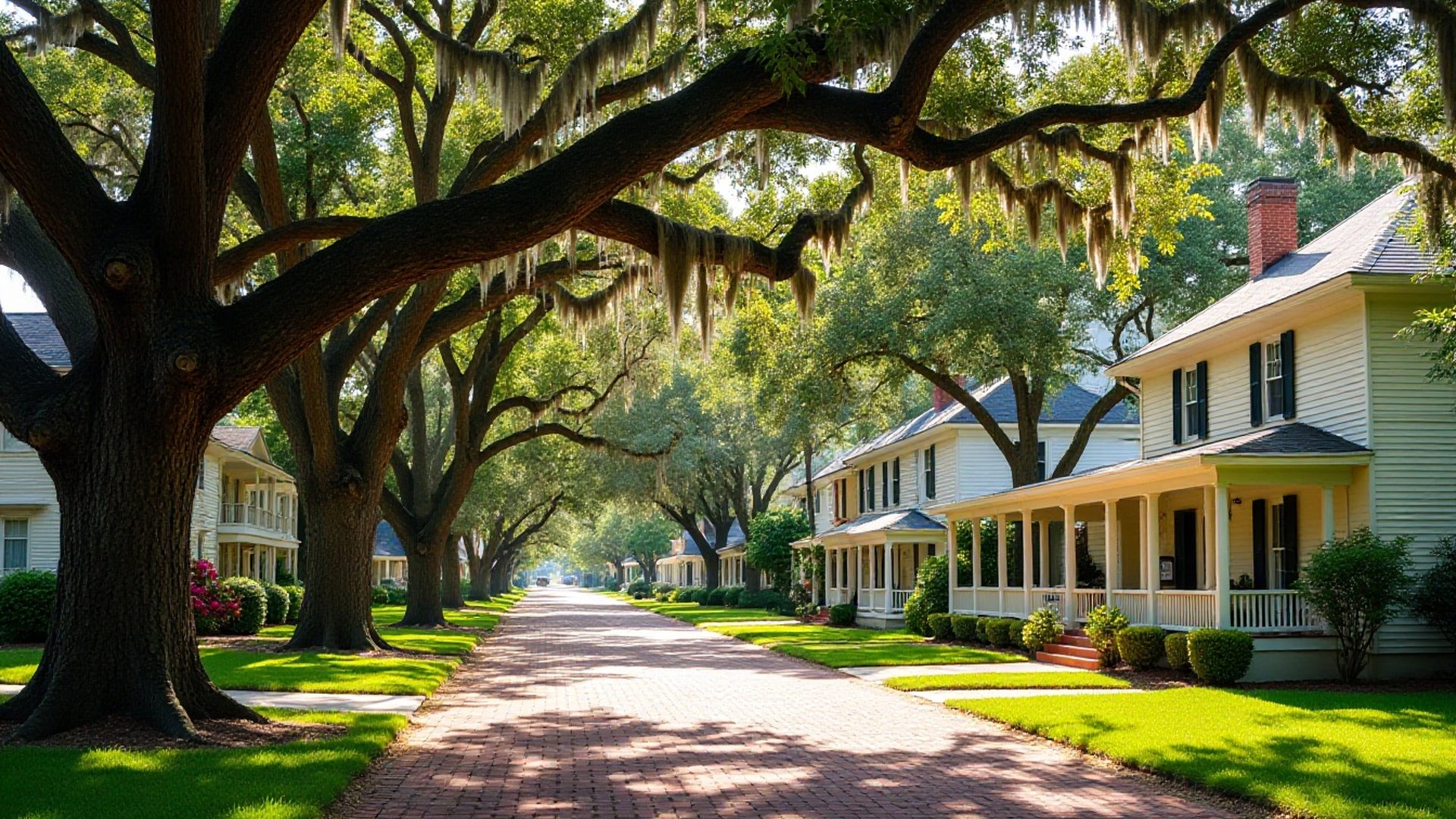 Large live oaks arching over a quiet brick street of older homes with front porches