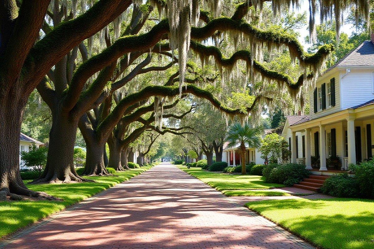 Live oaks with Spanish moss arching over a brick street of older homes