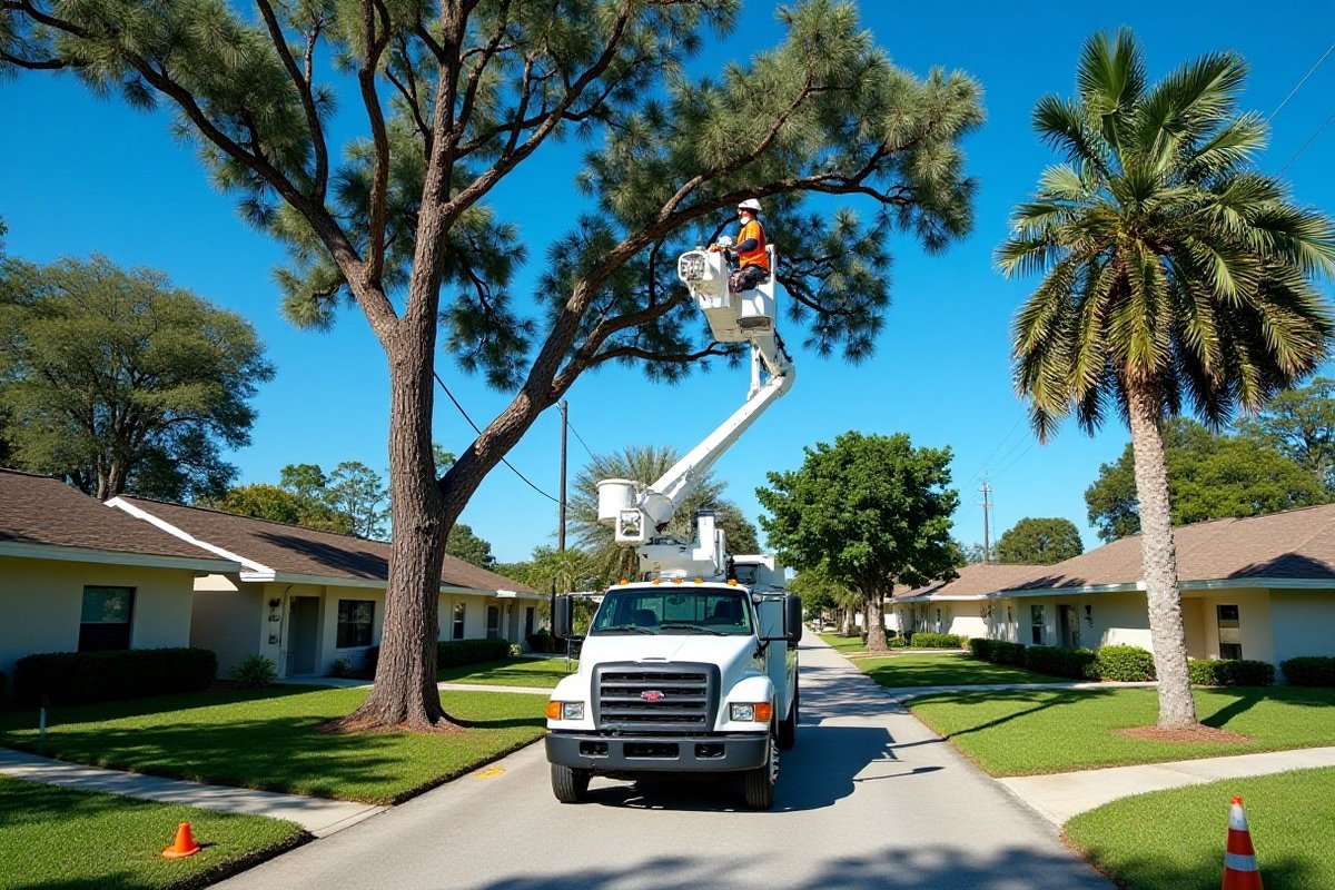Bucket truck worker trimming a tall pine beside a residential street lined with one-story homes and palms