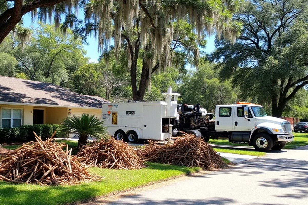 Wood chipper and work truck at the curb after tree work on a street lined with live oaks