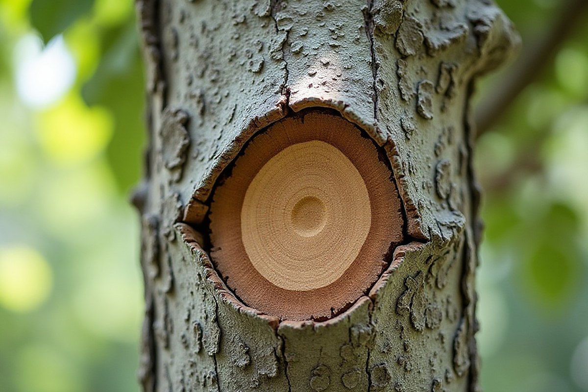 Close view of a flat, round pruning cut on a gray trunk, with a ridge of bark growing in around its edge