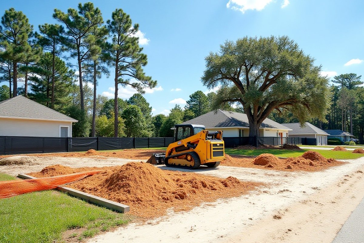 Freshly cleared sandy building lot with dirt piles and a compact track loader between finished homes in an Orlando-area neighborhood