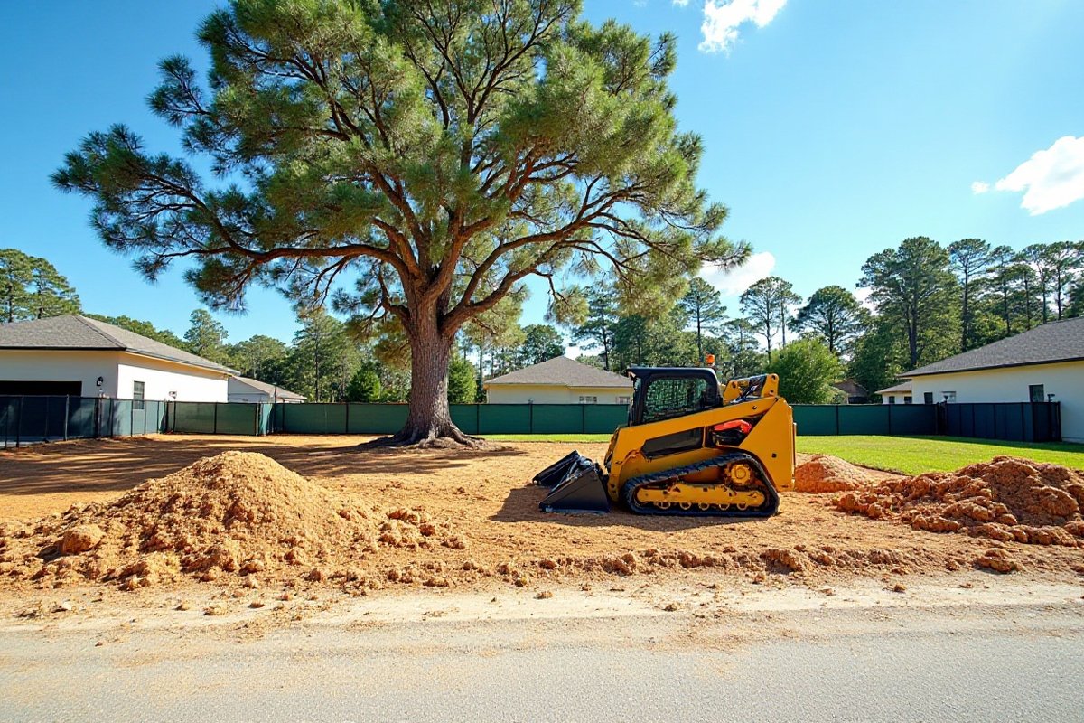 Large pine kept standing on a freshly cleared residential lot, with a compact track loader and dirt piles nearby