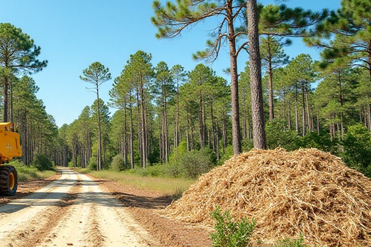 Freshly cleared sandy track through pine woods with a pile of mulched brush beside it