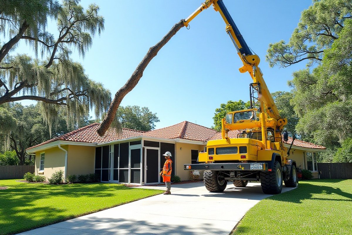 Truck-mounted crane lifting a long trunk section up and over the roof of a one-story Central Florida home