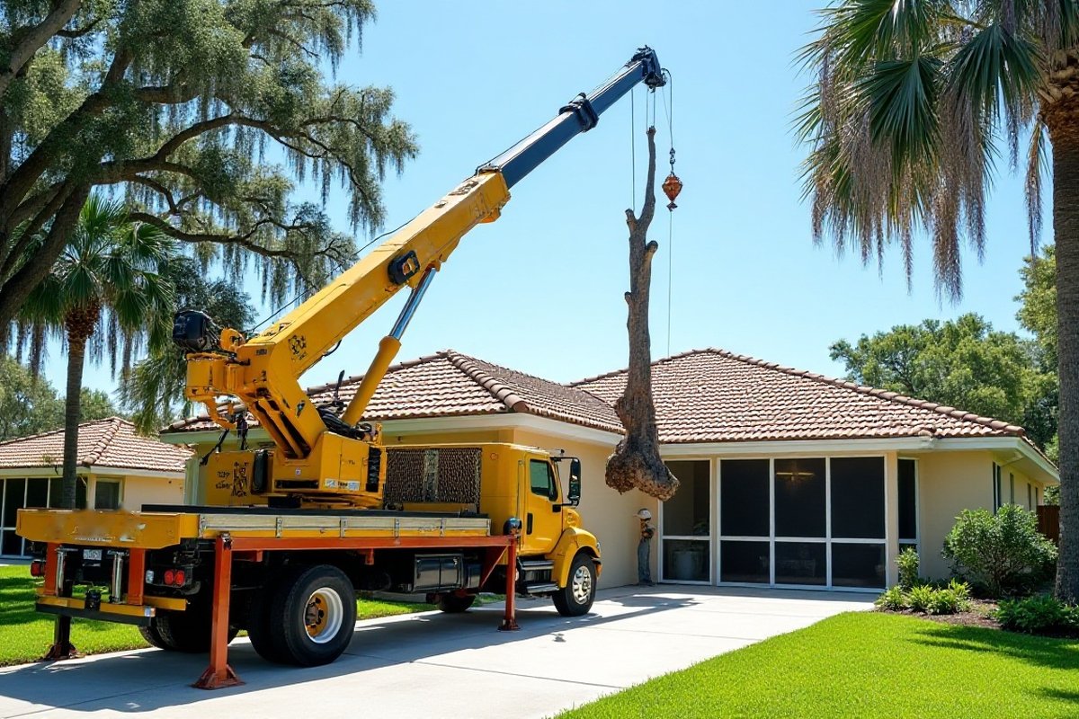Crane truck with its outrigger legs set down on a home driveway, lowering a trunk section beside the house