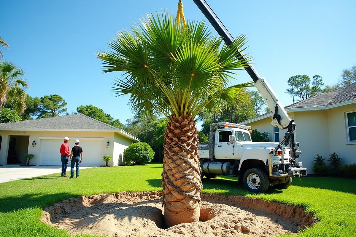 Palm with a rope-wrapped trunk being lowered by a truck-mounted crane into a freshly dug hole in a front lawn, with two workers watching from a distance