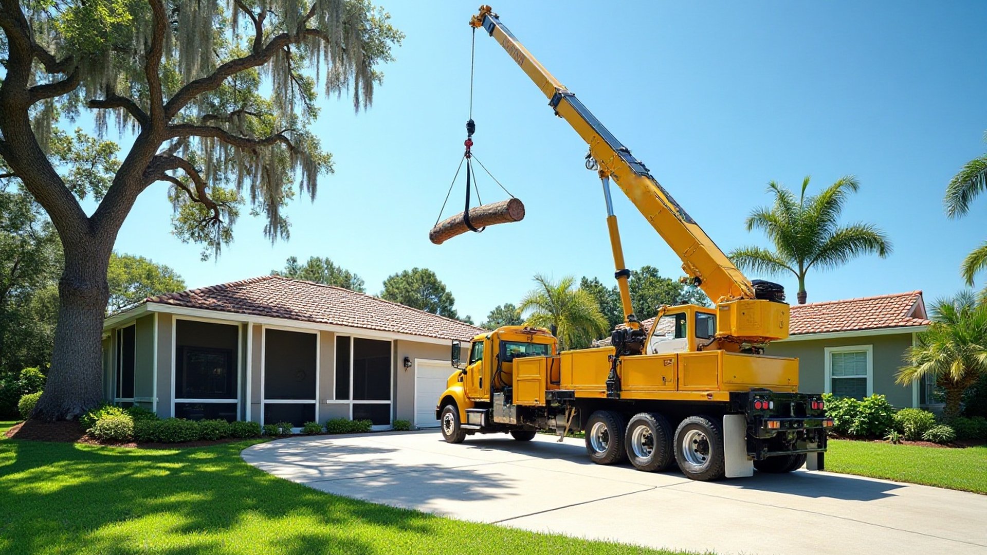 Truck-mounted crane lifting a large oak trunk section over the roof of a one-story Central Florida home