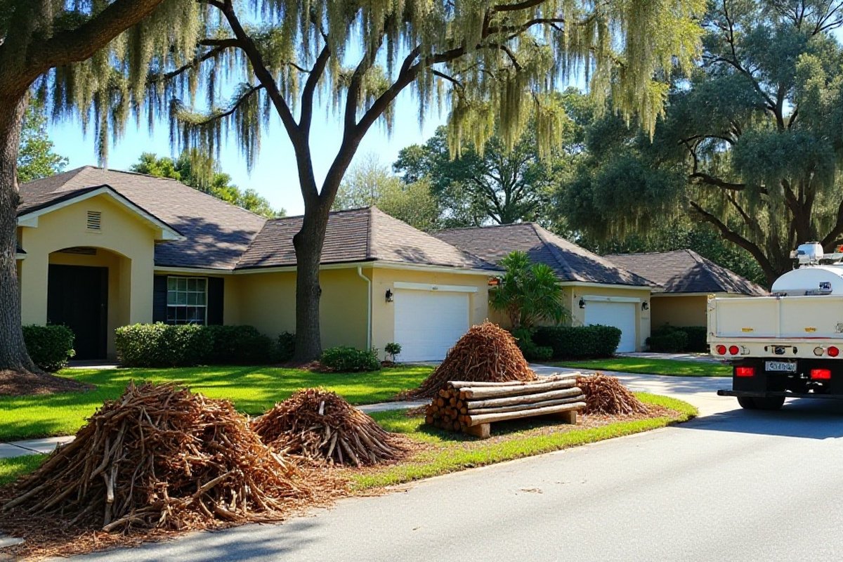 Piles of trimmed oak branches and stacked logs at the curb of an Orlando-area home