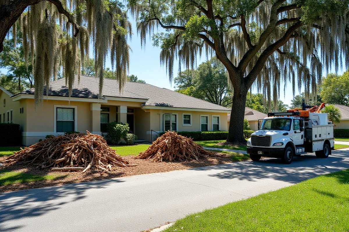 Separate curbside piles of cut tree limbs along a Central Florida street, with a work truck nearby