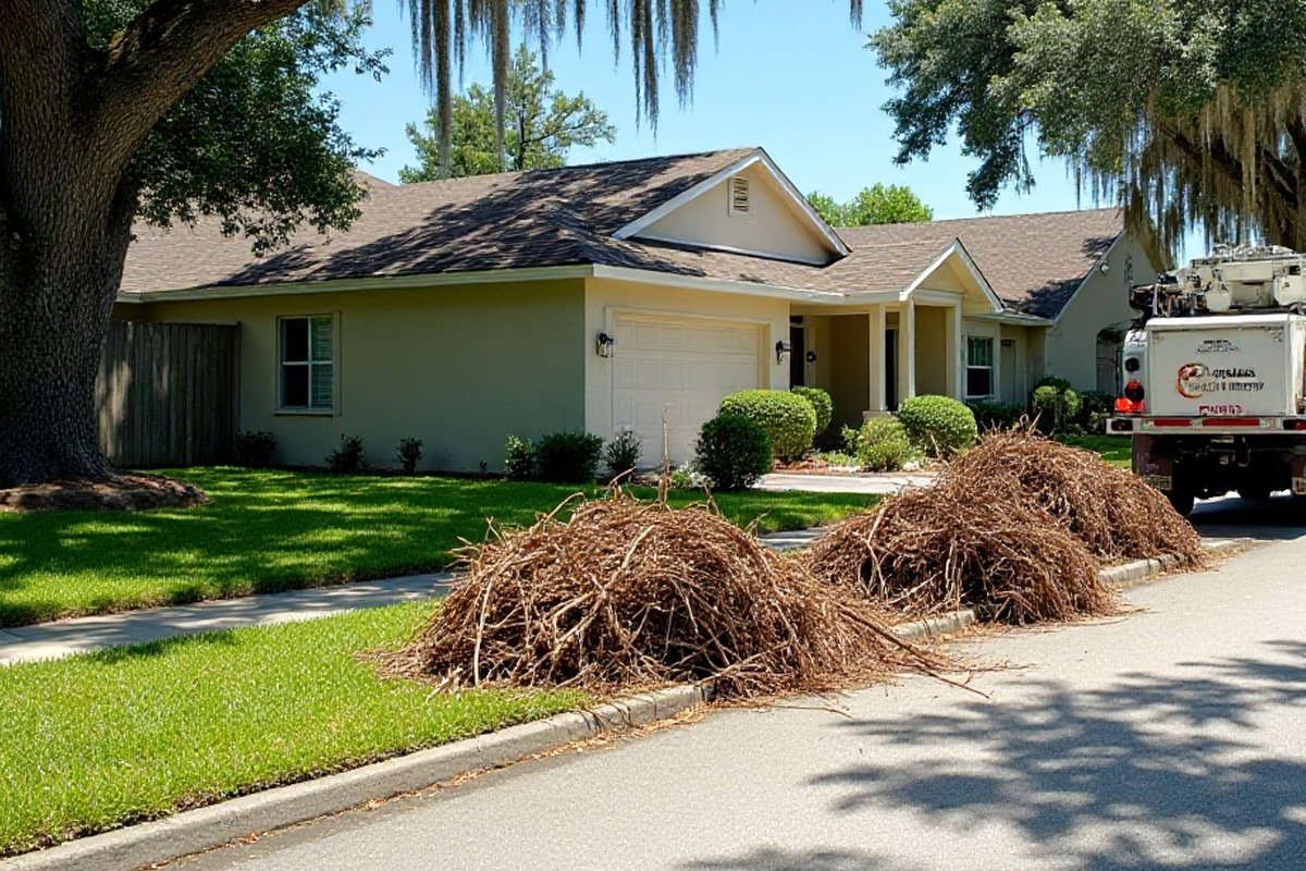 Piles of cut branches set out at the curb of an Orlando-area home for pickup