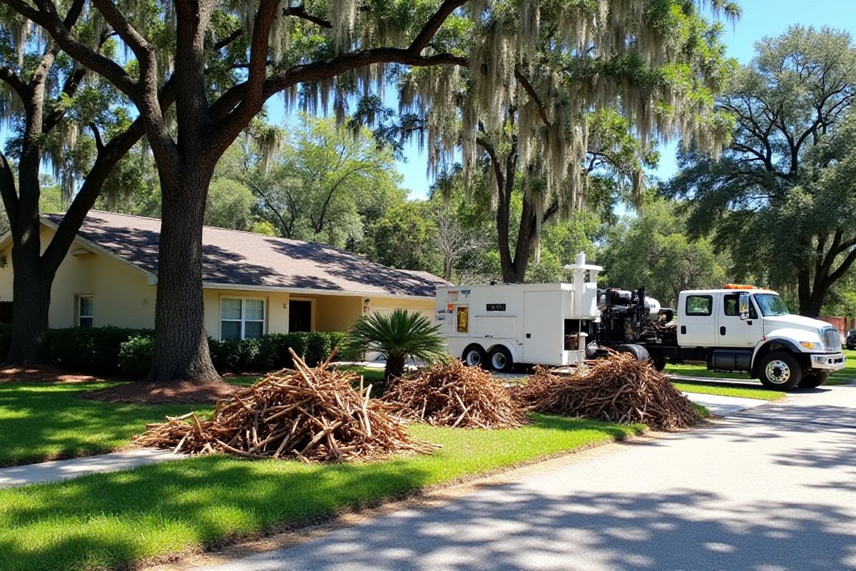 Piles of cut oak limbs at the curb of an Orlando-area home, with a chipper truck parked on the street
