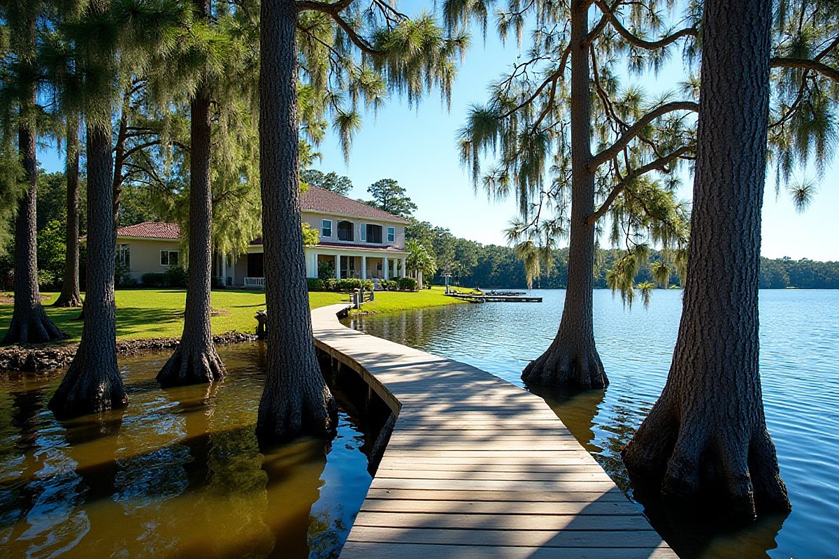 Wooden boardwalk winding between tall cypress trees standing in shallow water at the edge of a lake