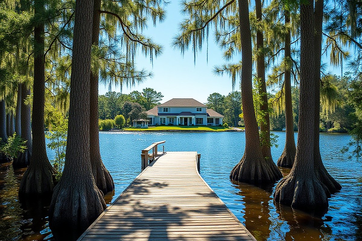 Wooden dock running out into a calm lake between tall cypress trees, with a large lakefront home across the water