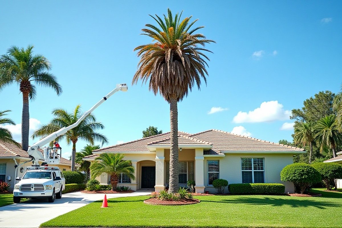 Tall palm with a dying brown crown in front of a one-story Orlando-area home, with a bucket truck parked in the driveway