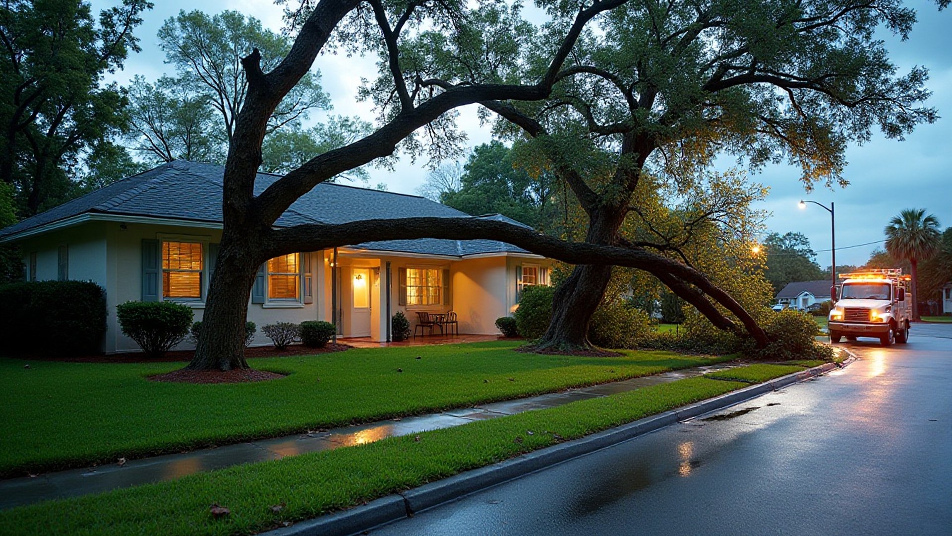 Large oak trunk resting across the roof of a one-story Orlando-area home at dusk after a storm
