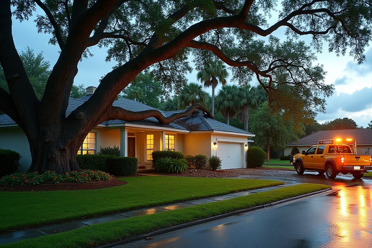 Work truck with amber lights parked by a one-story Orlando-area home under a large oak at dusk