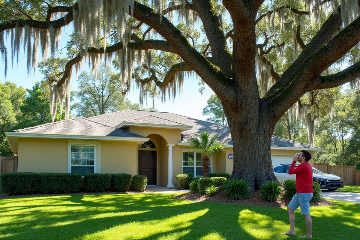 Homeowner standing on a lawn looking up into the crown of a tall oak beside a Florida house