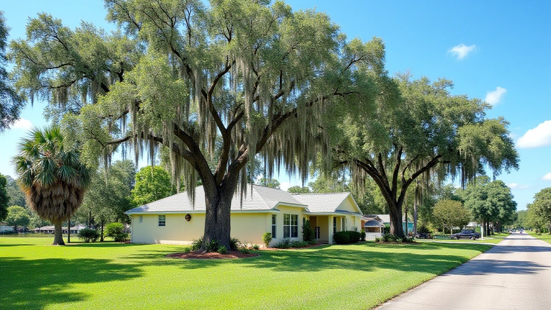 Sunny Orlando neighborhood street under a canopy of live oaks hung with Spanish moss