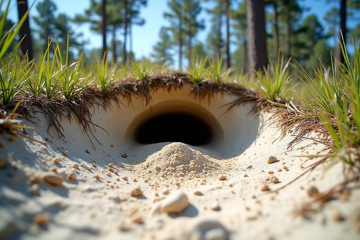 Half-moon shaped burrow opening in pale sand with a mound of loose sand in front, among grasses and tall pines