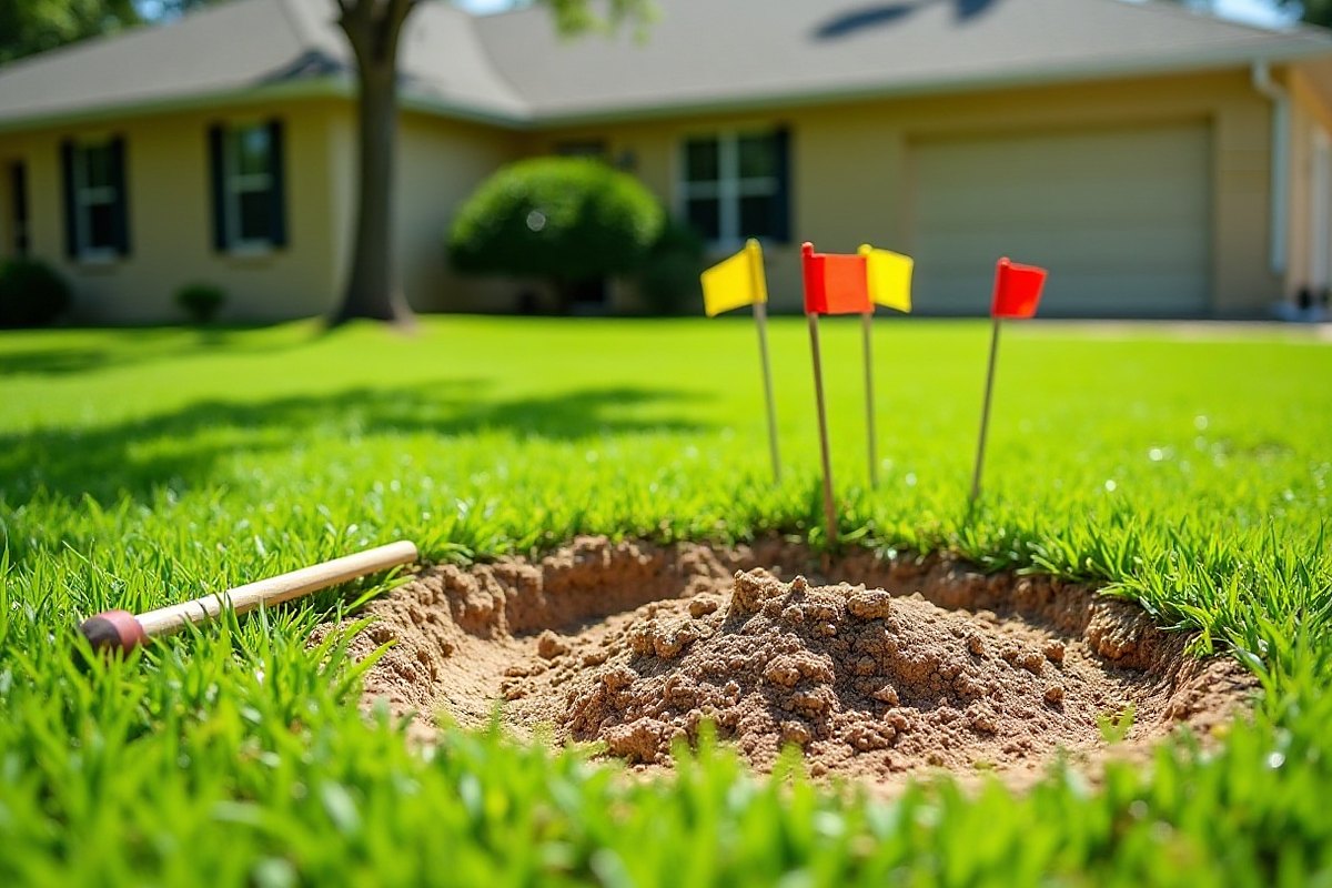 Shallow ground-out stump hole filled with loose soil and chips in a green front lawn, with utility marker flags and a rake beside it