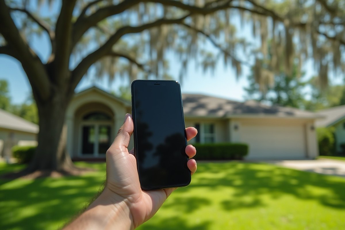 Hand holding a phone in front of a large live oak with Spanish moss and a one-story home on a sunny day