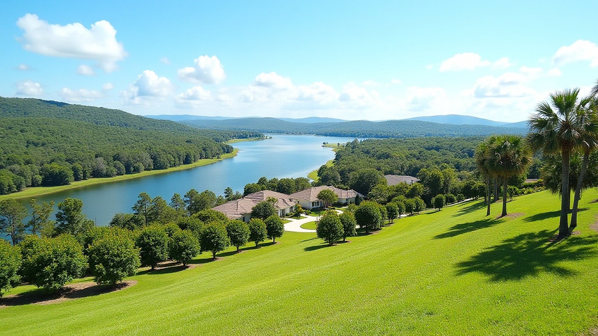 Grassy hillside with rounded trees and tall palms looking down on homes beside a long blue lake