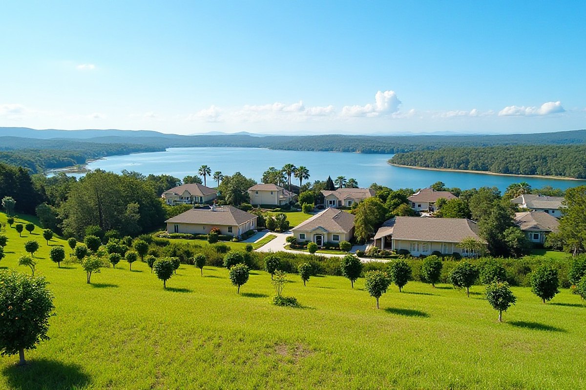 Rows of young trees on a grassy slope above homes and a wide lake on a sunny day
