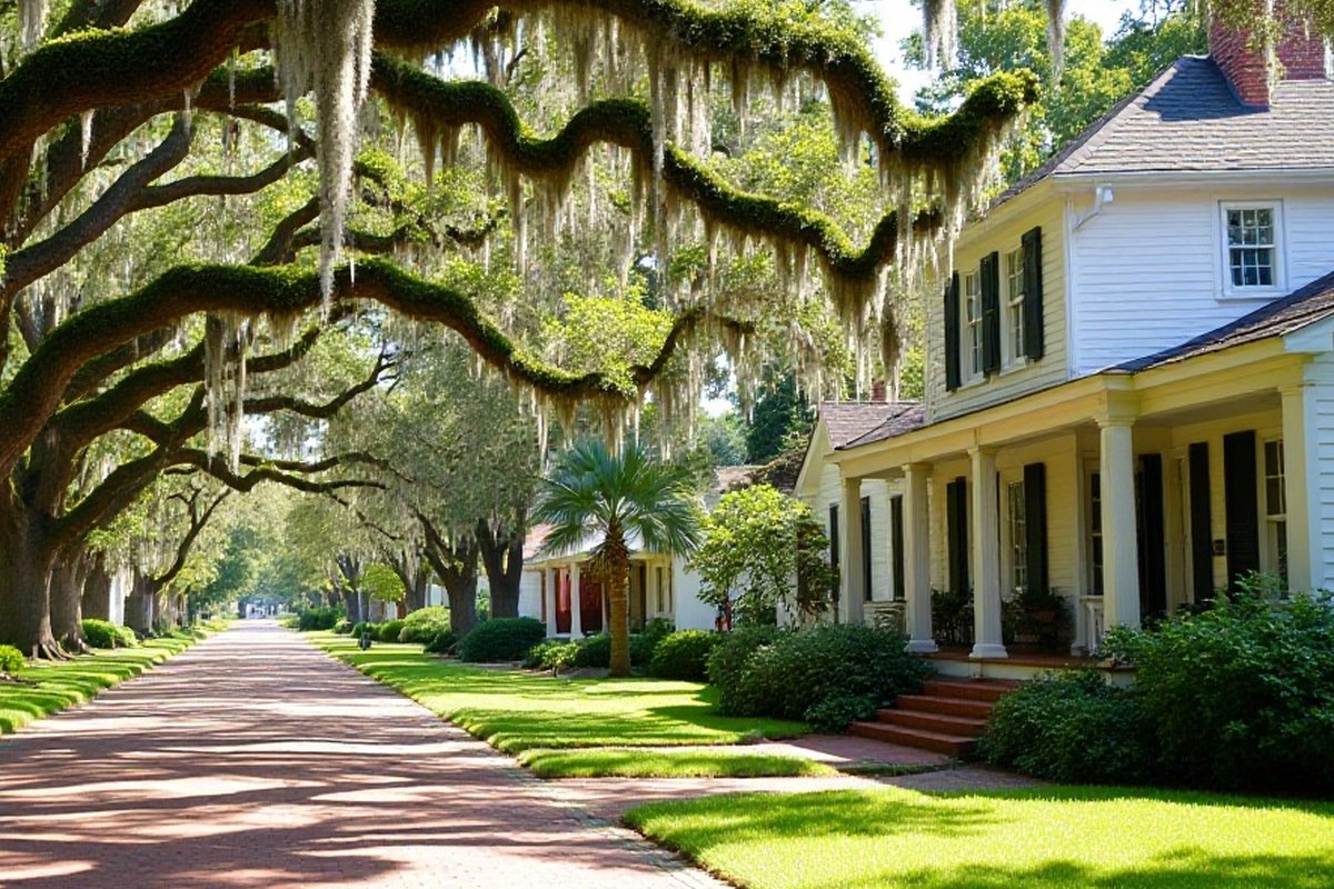 Restored two-story wood-frame house with a porch under large live oaks