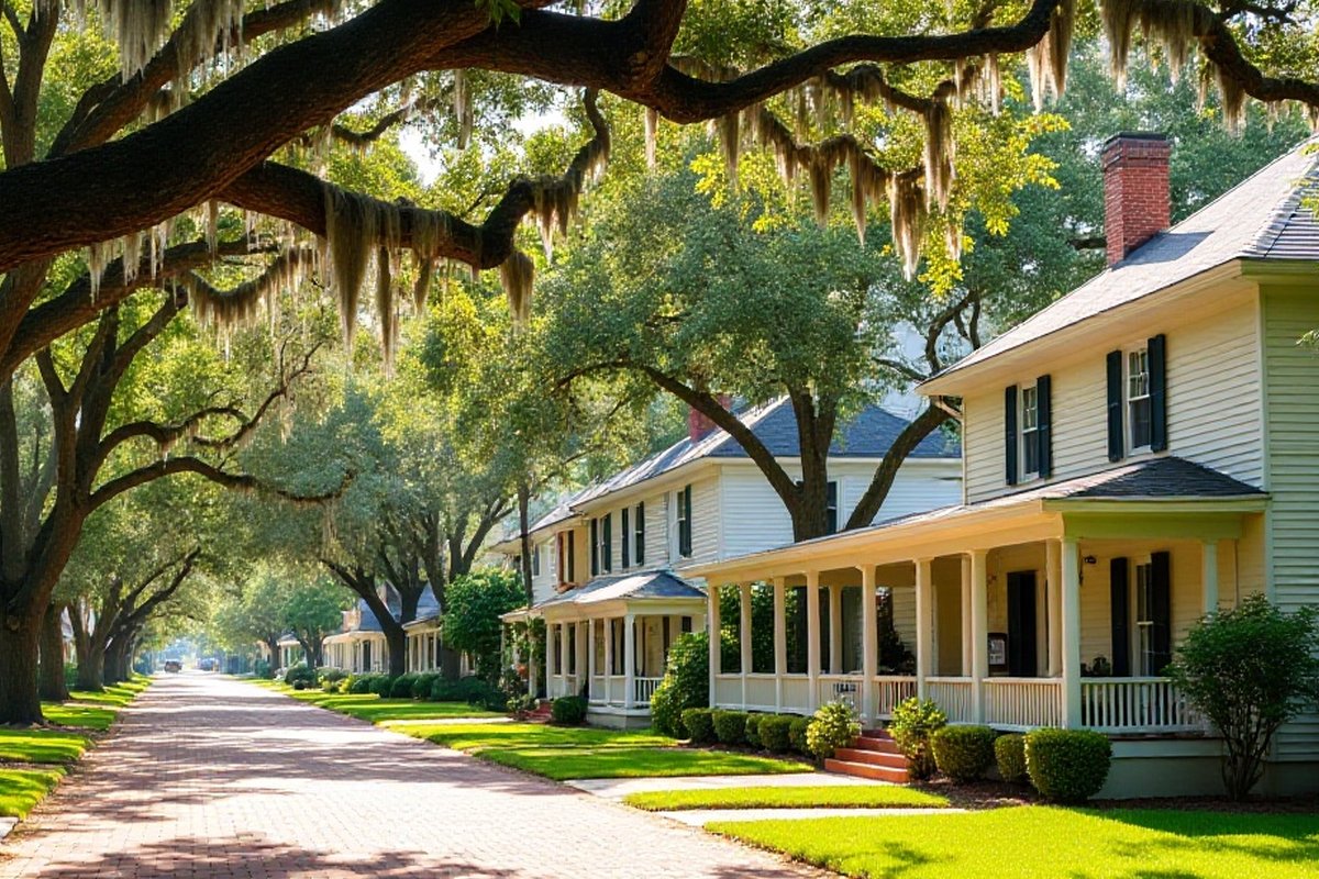 Old live oak limbs spreading beside a historic two-story wood home with a wide porch