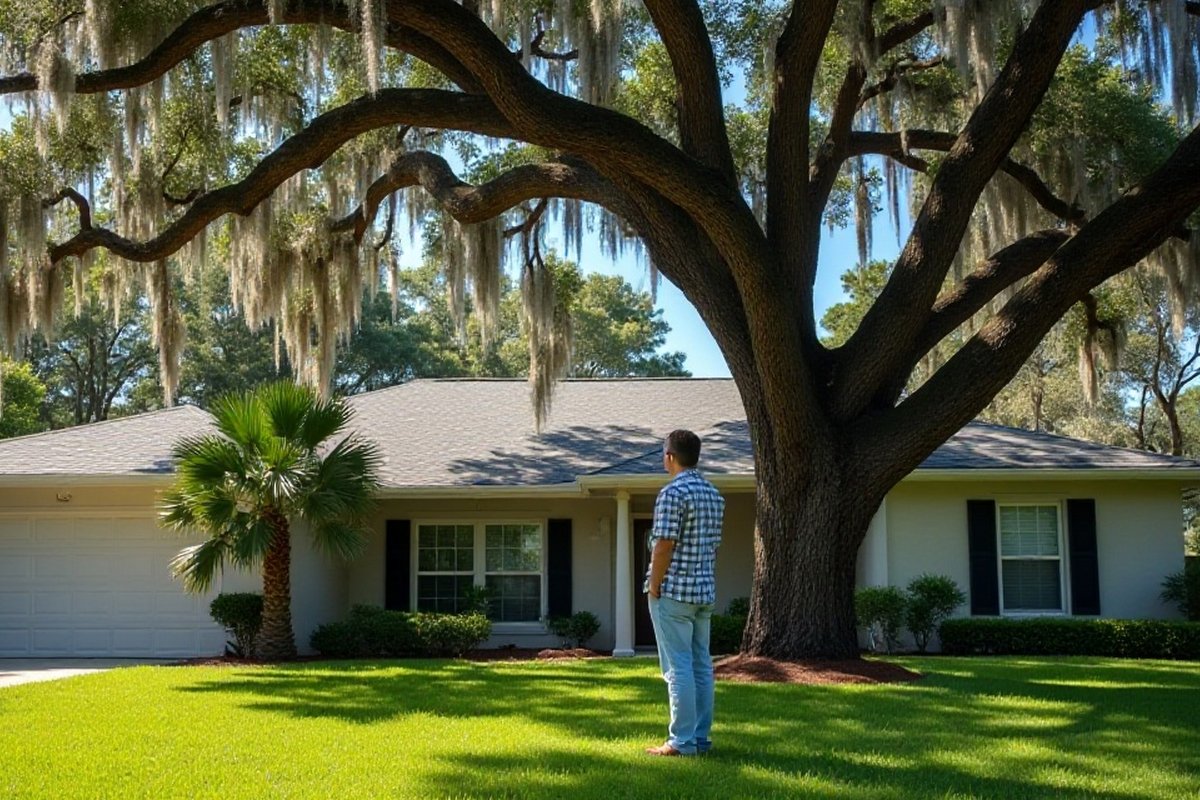 Homeowner standing on the lawn looking at a large oak in a sunny Orlando front yard