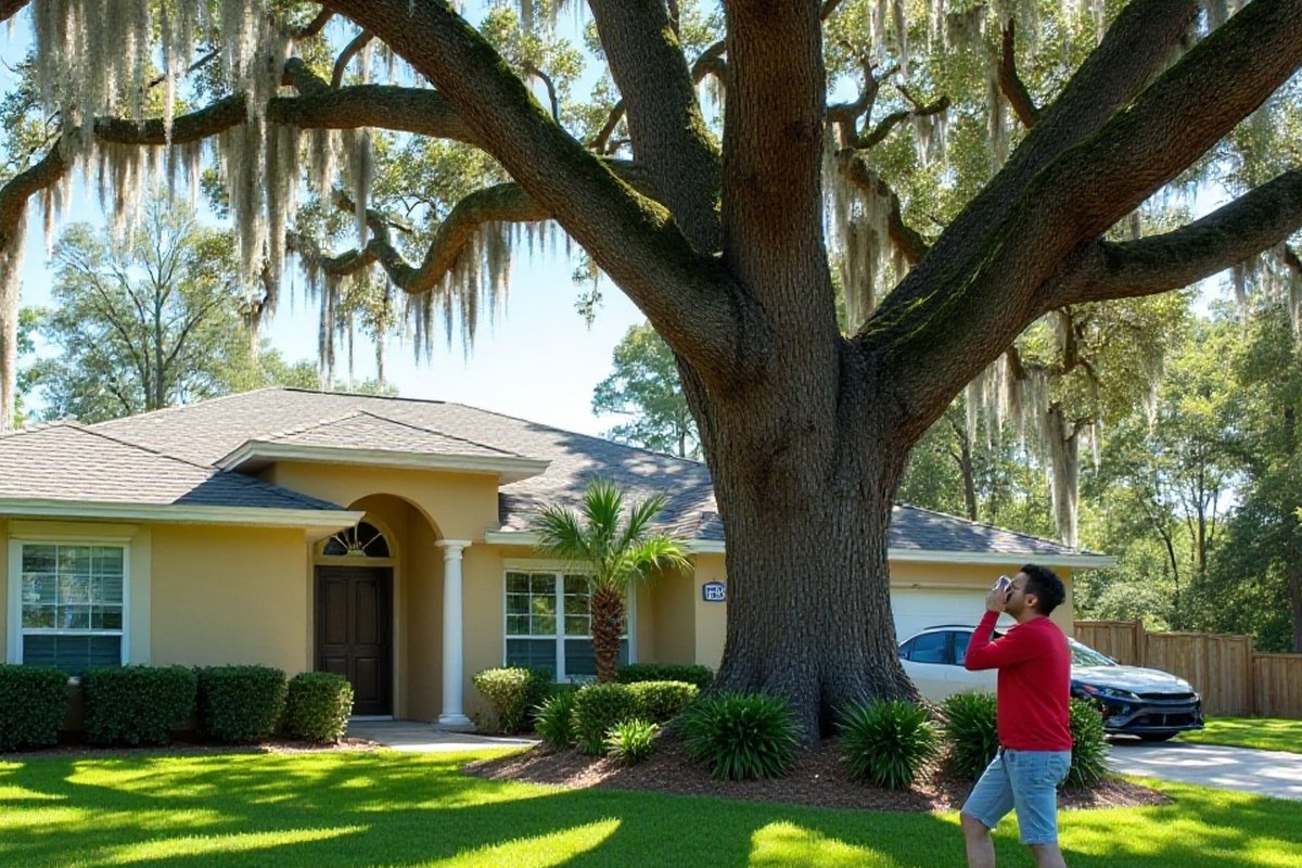 Homeowner holding a phone beside a large oak while checking a tree professional's credentials