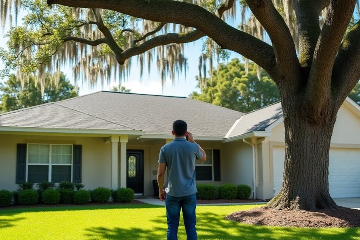 Homeowner on the phone in a sunny Orlando front yard, looking at a large oak