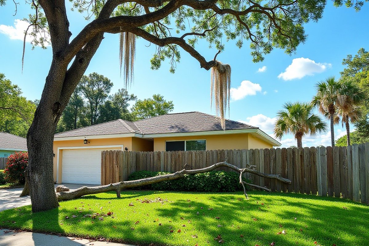 Fallen oak limb lying across a wooden privacy fence in a Central Florida yard