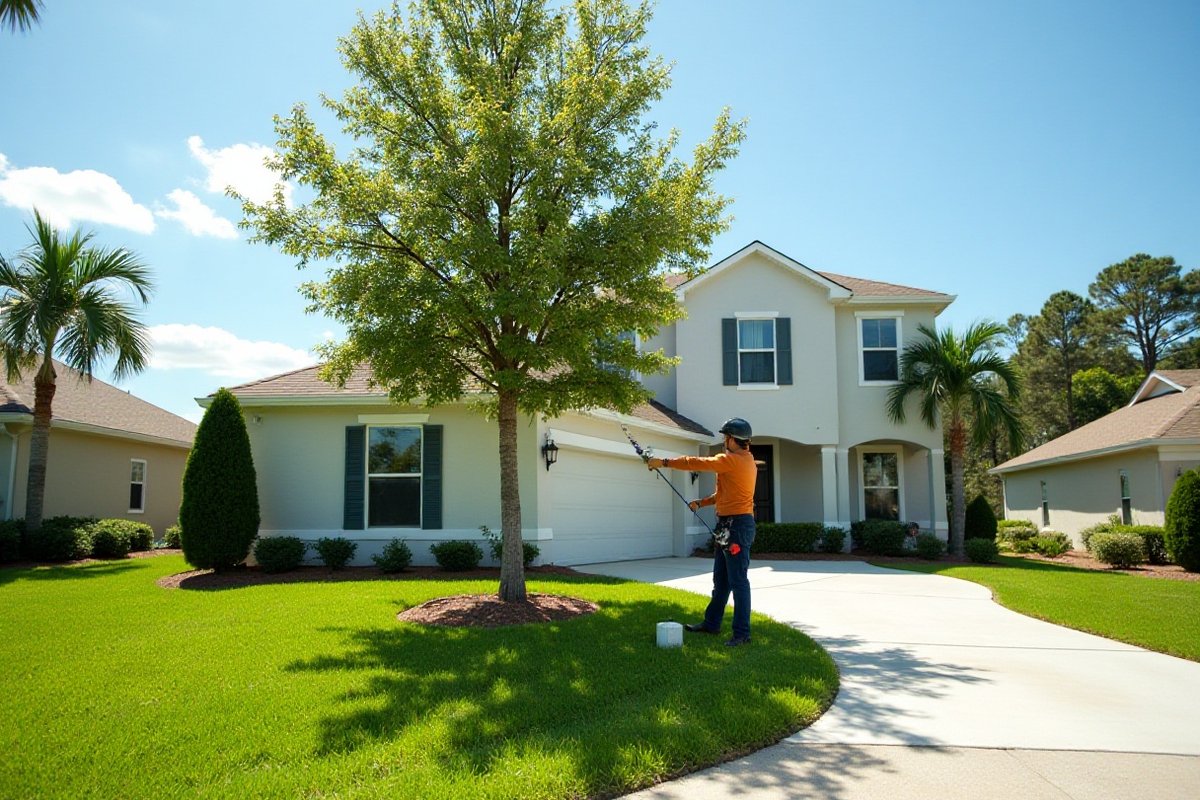 Arborist pruning a young live oak in the front yard of a Lake Mary home