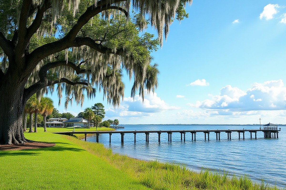 Live oak shading a lakefront park with a long fishing pier on a sunny day