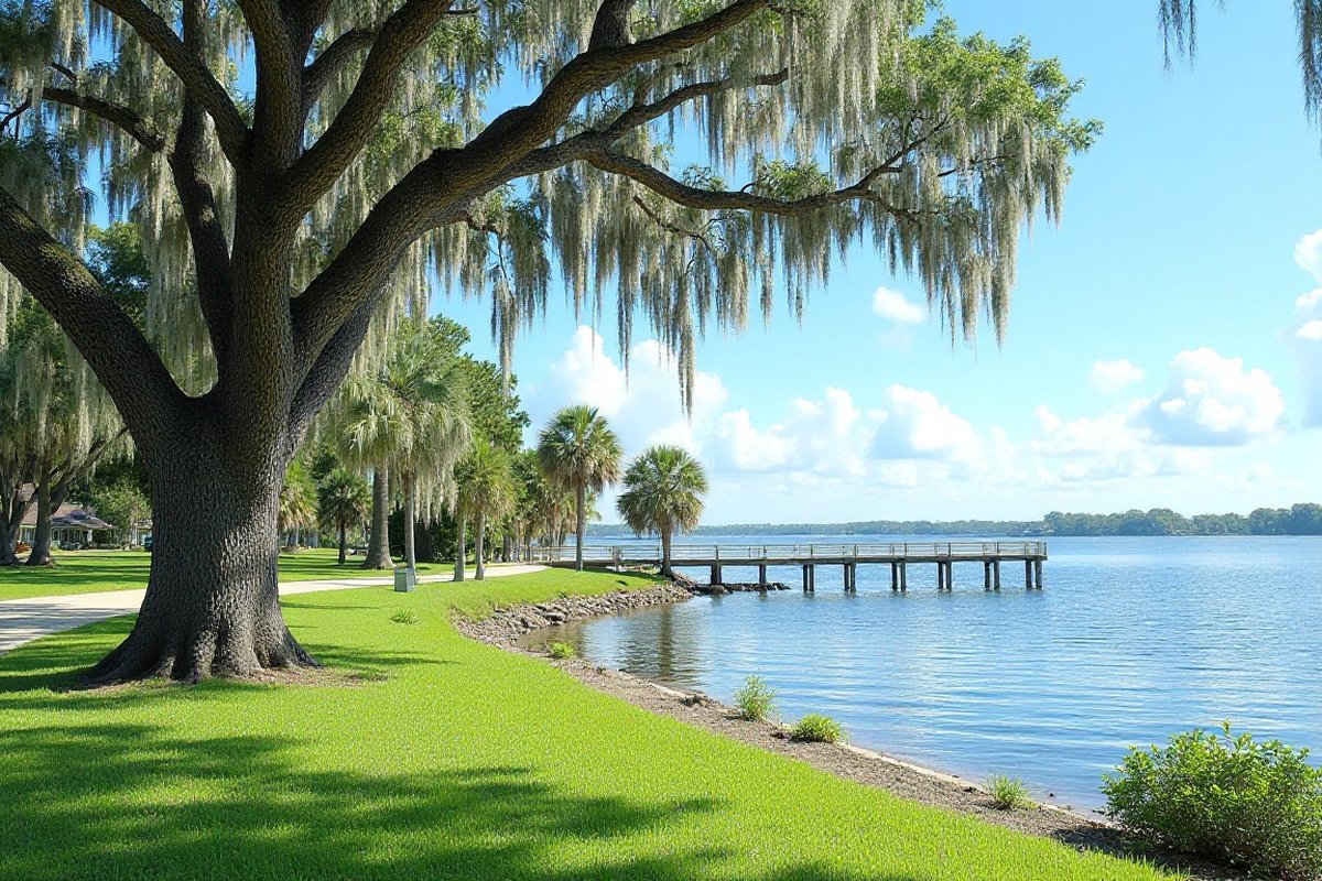 Live oaks and cabbage palms along a Central Florida lakefront park on a sunny day